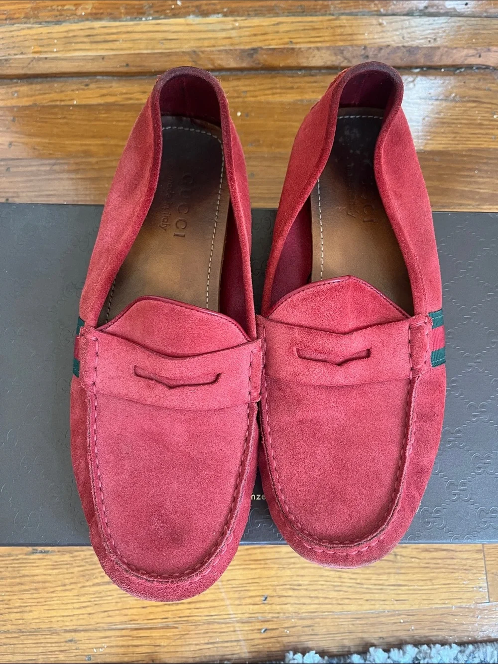 Gucci Red Suede Drivers with Signature Web Stripe